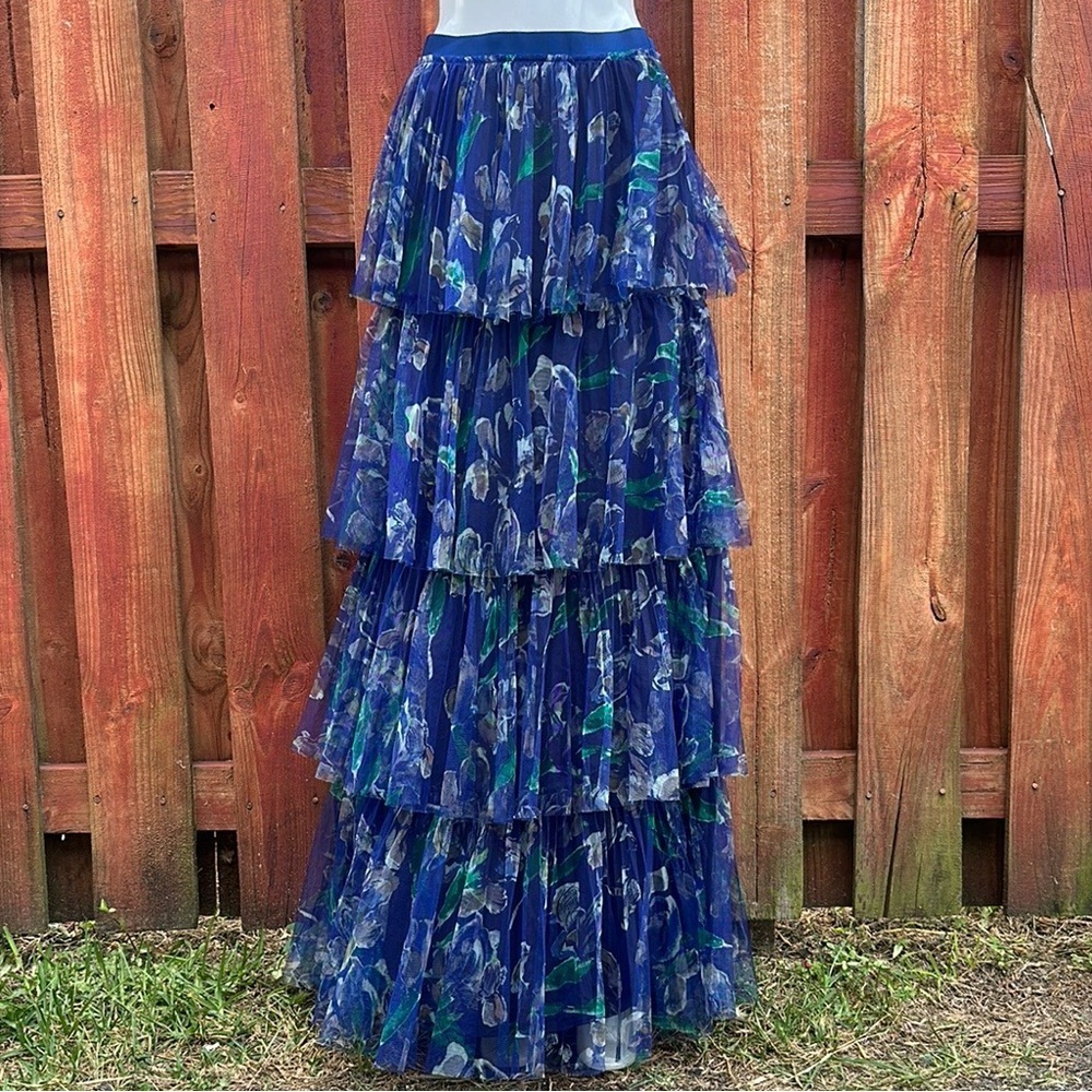 Marchesa Voyage Iris Blue Printed Tulle Pleated Column Tiered Skirt Size 4